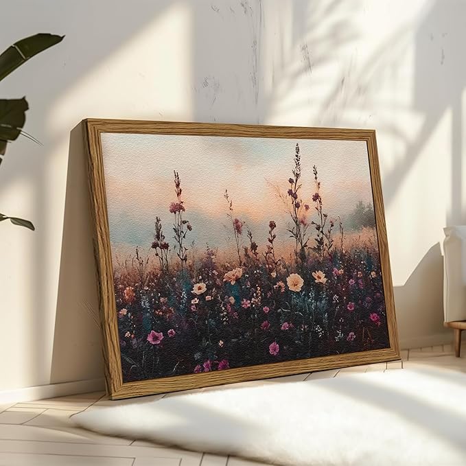 Vintage Flower Wall Art, Dark Floral Wall Decor Painting, Framed 3D Textured Hand Drawn Sandstone Farmhouse Landscape Pictures Artwork for Living Room Bedroom 16x24 inch Wood Frame