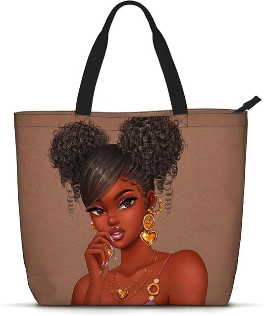 African American Women Tote Bag Black Shoulder Handbag For Women Fit Work Beach Labtops With Zip