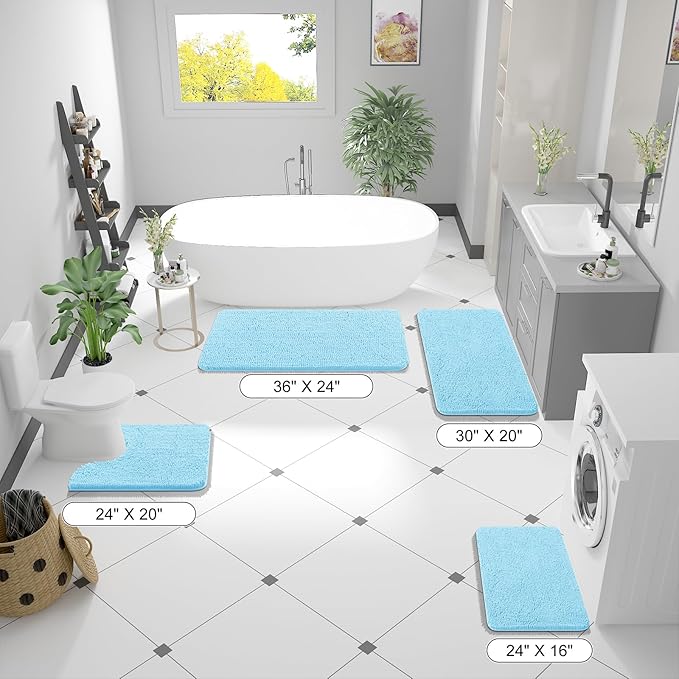 OLANLY Bathroom Rugs 70x46, Extra Soft Absorbent Chenille Bath Rugs, Rubber Backing Quick Dry, Machine Washable Bath Mats for Bathroom Floor, Tub and Shower, Home Decor Accessories, Sky Blue