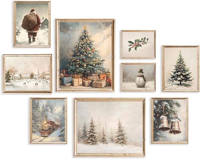ASTRDECOR Vintage Christmas Wall Art, 9-Piece Winter Holiday Poster Set, Santa, Snowman, Pine Tree Prints for Cozy Xmas Room Décor, Largest 11"x14", Multi Sizes, Christmas Picture Decorations Unframed