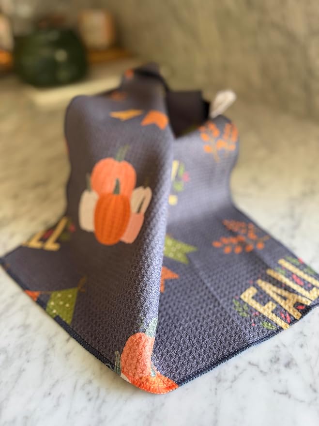 || 3 Pack|| Double Sided Dish Towels || Waffle Weave Microfiber || Tea Towels || Highly Absorbent || Hanging Loop || Dish Cloths || Modern || Designer Prints (Fall Leaves Gray)