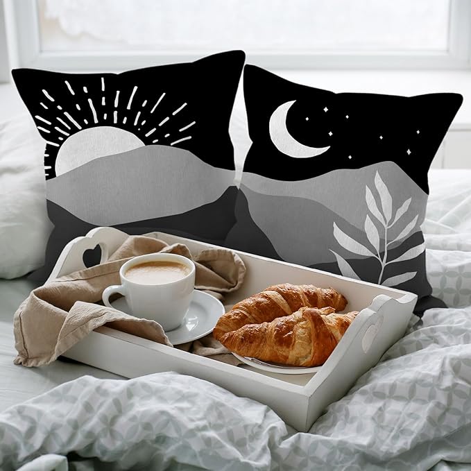 HIWX Boho Pillow Covers, Boho Sun Moon Mountains Decorative Pillowcase Throw Pillow Cover 18x18,Boho Throw Pillows,Boho Sun Desert for Sofa Bed Room Home Bedroom Decor Set of 2 Pillow Case（Black2）