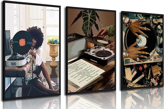 3Pcs Black Woman Art Poster African American Women Canvas Wall Art Funky Black Girl Record Music Posters prints for Modern Black Woman Bedroom Home Decoration 16x24in Unframed
