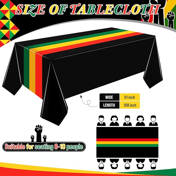 Kinlop 3 Pcs Black History Tablecloth 108 x 51 Inch Juneteenth Kwanzaa Table Covers Plastic Waterproof Disposable Table Clothes for Africa American Independence Freedom Party Supplies(Classic)