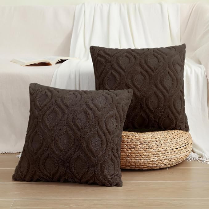 decorUhome Throw Pillow Covers 26x26 Inch Set of 2, Soft Plush Decorative Faux Fur Dark Brown Solid Couch Pillow Covers, Accent Farmhouse Neutral Square Euro Pillow Cases for Sofa Bed Living Room