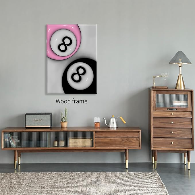Trendy Pink and Black 8 Billiards Balls Poster Retro Pool Ball Couple Wall Art Y2K Aesthetic Canvas Prints 24x36 inch Framed Preppy Room Wall Decor for Billiard Hall College Dorm