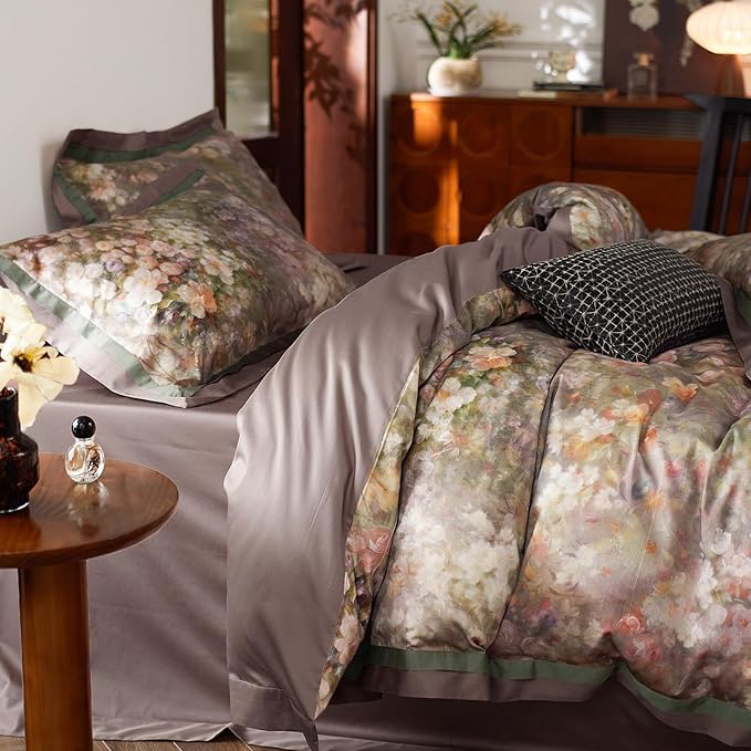 mixinni Vintage Floral Duvet Cover Set - King Size, 100% Long Staple Cotton Percale, Reversible Garden Style Bedding Set with Zipper Closure, 3-Piece Luxury Duvet Cover with 2 Pillow Shams (20"x36")