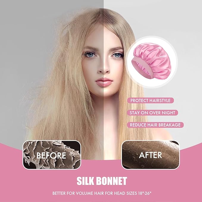 Satin Silk Bonnet for Sleeping, Double Layer Silk Sleep Cap for Men & Women, Soft Satin Lined Bonnet for Natural & Curly Hair(Pink)