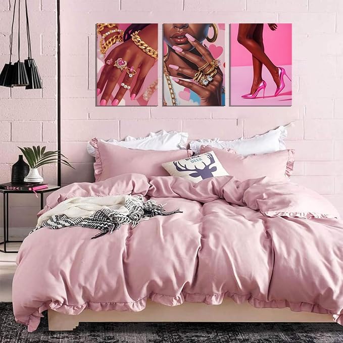 ANVOTIG 3Pcs Black Girl Wall Art Pink Framed Decor African American Woman Canvas Prints Fashion Posters Gorgeous Pictures Living Room Bedroom Home Decoration12x16In