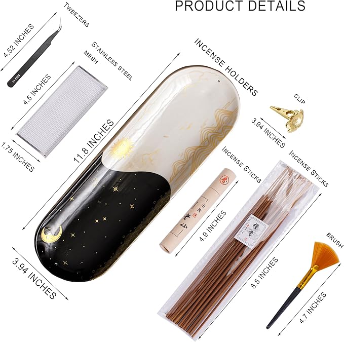 Incense Holder for Sticks, Ceramic Incense Burner with 60 Incense Sticks for Sage Palo Santo, Heat-Resistant Insence-Stick Holder for Backflow Incense Cones Meditation Yoga Spa Room Decor