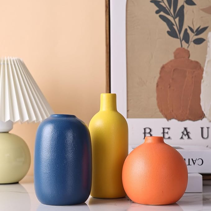 Ceramic Vase Set of 3, Small Flower Vases for Rustic Home Decor, Modern Farmhouse, Living Room, Shelf, Table, Bookshelf, Mantel and Entryway - Yellow, Orange, Blue (A)