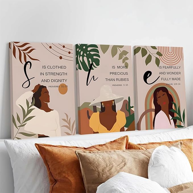 ANVOTIG 3Pcs Black Girl Canvas Wall Art African American Woman Wall Decor Inspirational Boho Culture Signs Western Country Girl Room Posters for Bedroom Livingroom Bathroom Study Framed 12x16in