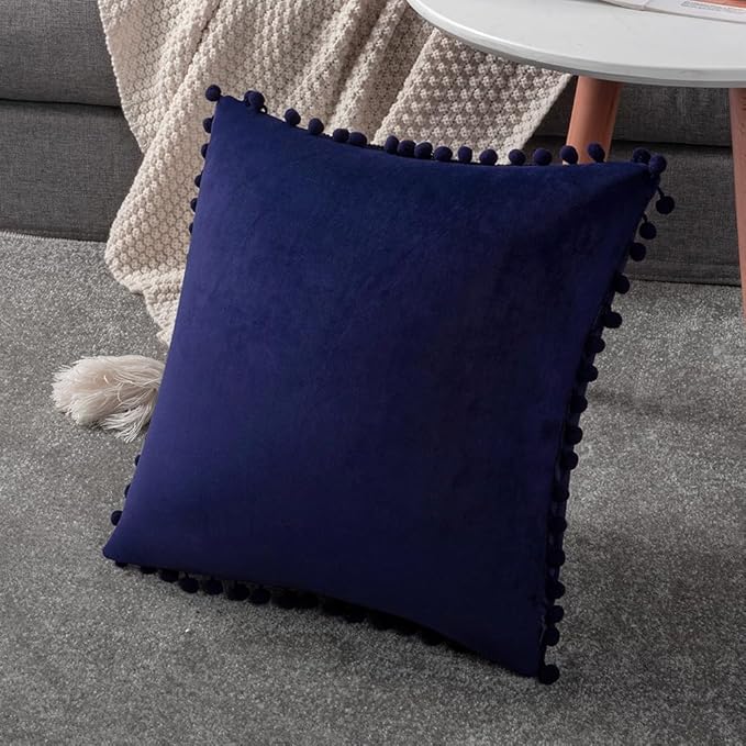 DEZENE Couch Pillow Cases 16x16 Navy: 2 Pack Cozy Soft Pom-poms Velvet Square Throw Pillow Covers for Farmhouse Home Decor