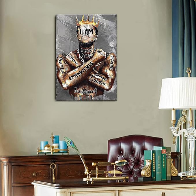 Framed Black Men Wall Art African American Man Portrait Wall Art Afro King Poster Abstract Contemporary Canvas Prints Painting Home Decor for Bedroom Living Room