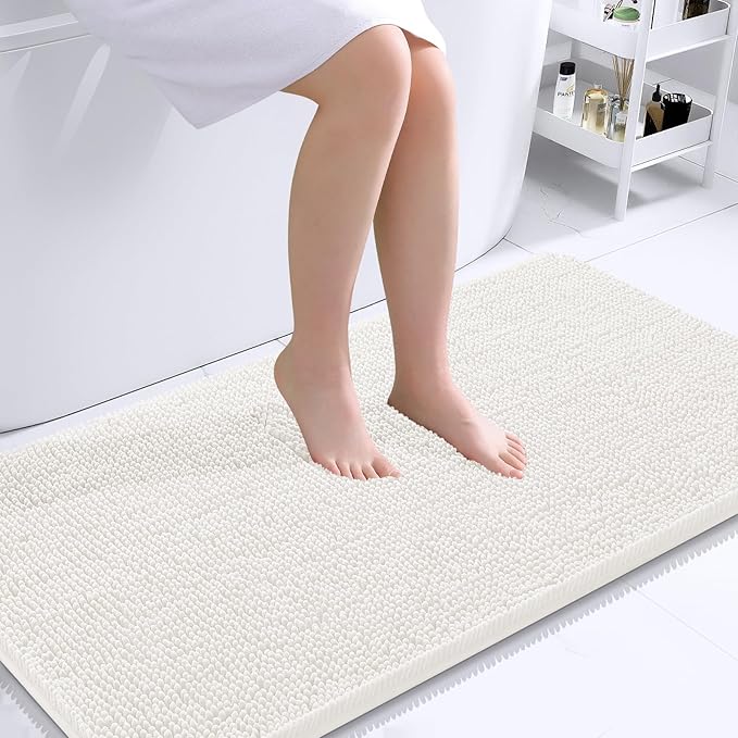 OLANLY Bathroom Rugs 45x27, Extra Soft Absorbent Chenille Bath Rugs, Rubber Backing Quick Dry, Machine Washable Bath Mats for Bathroom Floor, Tub and Shower, Home Decor Accessories, Ivory