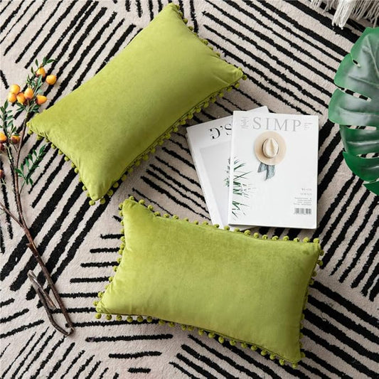 DEZENE Couch Pillow Cases 12x20 Chartreuse: 2 Pack Cozy Soft Pom-poms Velvet Rectangular Throw Pillow Covers for Farmhouse Home Decor