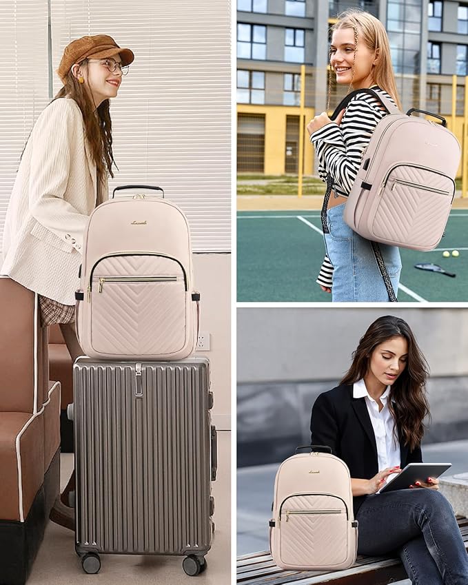 LOVEVOOK Laptop Backpack Purse for Women, Work Travel Computer Bags, College School Backpack for Student Girl, Quilted Casual Daypack with USB Port, Fit 15.6 Inch Laptop, Antiquewhite