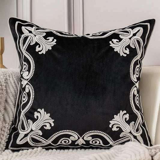 Aeckself European Floral Pillow Cover 18x18 Inch, Luxury Velvet Embroidered Decorative Throw Pillow Cover for Couch Bedroom Living Room, Black and White