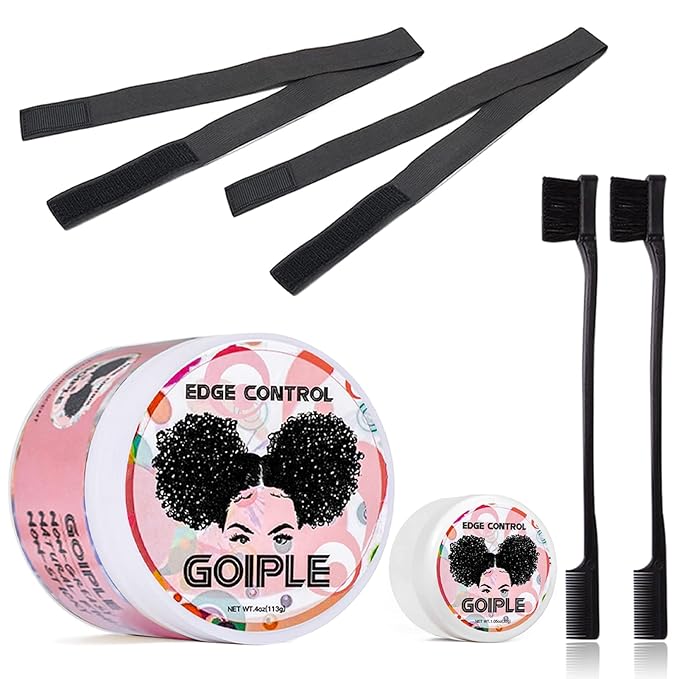 Goiple Edge Control Wax for Women Strong Hold Non-greasy Edge Smoother Strawberry Scent (4oz Edge Control + 0.7oz Travel Szie Edge Control Wax + Edge Brushes*2+Tie Band*2)