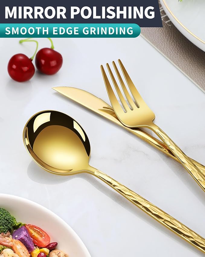 Hammered Gold Silverware Set,30 Piece Stainless Steel Flatware Set for 6,Modern Cutlery Set,Includes Spoon Fork Knives Set,Home Kitchen and Restaurant,Dishwasher Safe