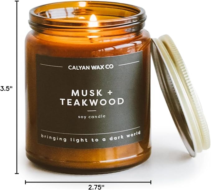 Calyan Wax Soy Wax Candle, Musk & Teakwood Scented Candle for The Home | Premium Candle with Essential Oils | 7.2 oz 57 Burn | Soy Candle in Amber Glass Jar | Aromatherapy Gift