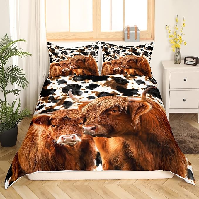 Highland Cow Duvet Cover Set Twin Size, Ink Milk Cow Skin Fur Print Tribal Tie Dye Comforter Cover with 1 Pillow Sham, Rustic Vintage Western Wild Animal Bedding Sets for Kids, Brown, (No Comforter)