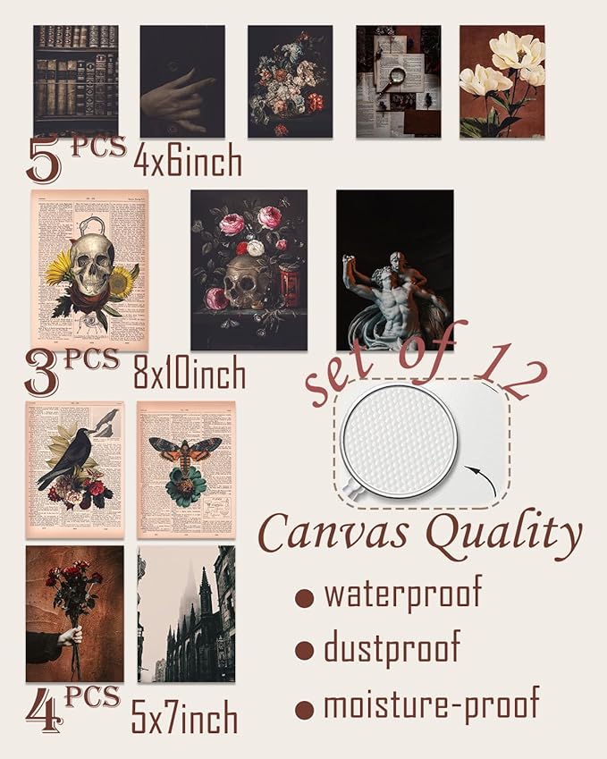 ASTRDECOR Dark Academia Decor Set - Vintage Newspapers Canvas Wall Art Prints Posters for Room Aesthetic, Spooky Gothic Home Decor for Halloween decor, Skull Witch Decor for Dark Bedroom Set of 12【Unframed】