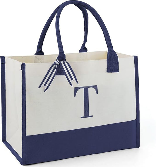 BeeGreen Embroidery Monogram Initial Tote Bag for Women Teacher Mom Friend Personalized Gift for Birthday Beach Work Wedding