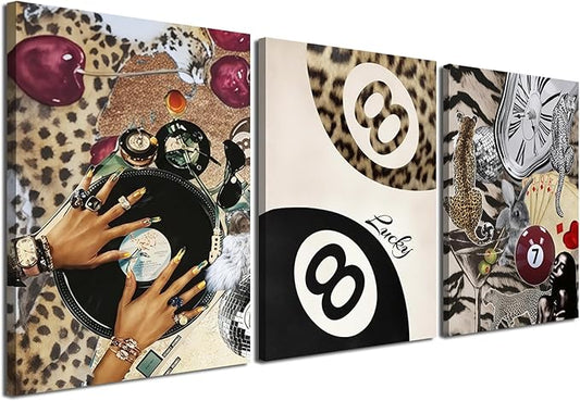 Trendy Leopard Wall Art Set of 3, Cheetah Wall Decor Aesthetic, Black Girl 8 Ball Poster Canvas Print Pictures Funky Lucky Artwork for Bedroom Living Room Framed 12x16 inch