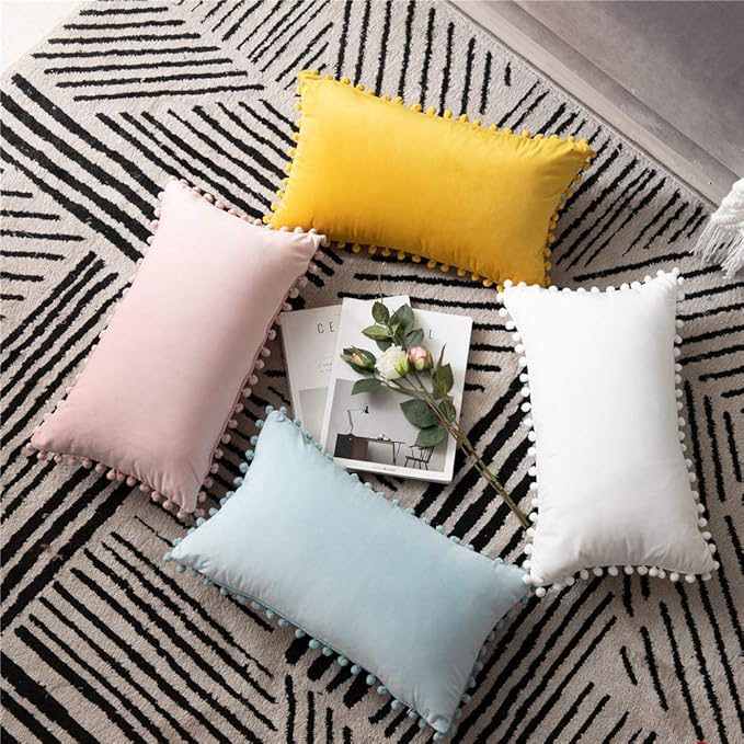 DEZENE Couch Pillow Covers 12x20 Yellow: 2 Pack Cozy Soft Pom-poms Velvet Rectangular Throw Pillow Cases for Farmhouse Home Decor