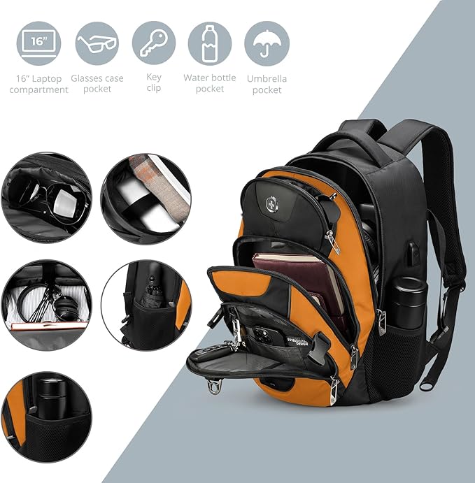 Swissdigital Design Laptop Backpack with USB Charging Port, Travel Backpack Fits 15.6 inches Computer, 31L College School Backpack for Men, Orange/Black | SD803
