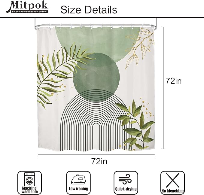 4 PCS Sage Green Boho 72Wx72H Shower Curtain Set Modern Leaves Mid Century Plant Bath Rug Toilet Lid Cover Nonslip U Shape Mat Quick Dry Rubber Backed Dirt Resistant Accessories Bathroom Decor