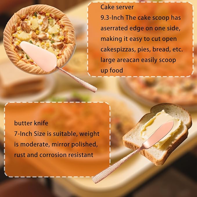 Large Hostess Serving Utensils Set, Stainless Steel Heavy Duty Hammered Serving spoons, Slotted Spoons, Serving Fork, Cake Server, Butter Knife, Dishwasher Safe（Rose Gold）