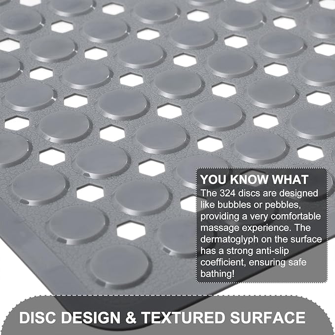 Bath Mat for Tub & Shower, Non Slip Soft Bathmat with Suction Cups & Drain Holes, Machine Washable Bathtub Floor Liner Mats for Bathroom, 35x16 Inch, Gray