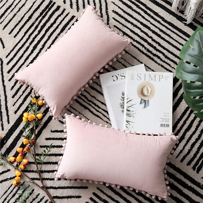 DEZENE 12x20 Throw Pillow Covers Pink: 2 Pack Cozy Soft Pom-poms Velvet Rectangular Decorative Pillow Cases for Farmhouse Home Decor