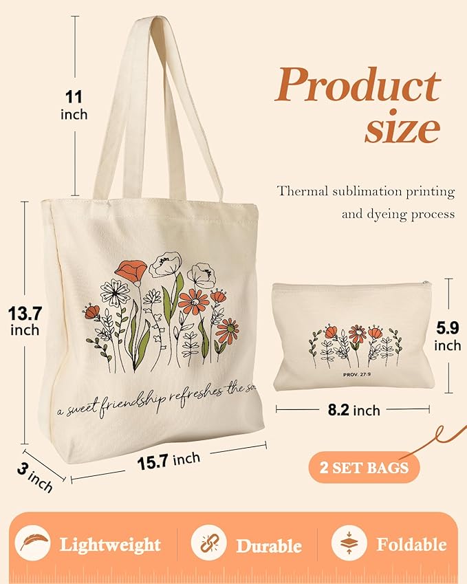 Aesthetic 2 Pack Canvas Tote Bag - with Makeup Zipper Pouch for Women Bag for Shopping, Gym, Travel, Vacation