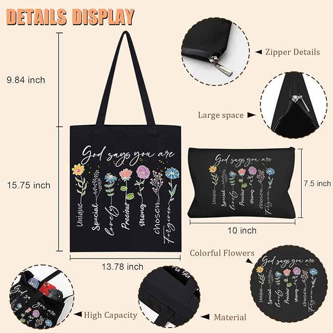 2 Pack Christian Bible Canvas Tote Bag for Women with Makeup Bag Gods Says You Are Bags Floral Tote Bag Aesthetic