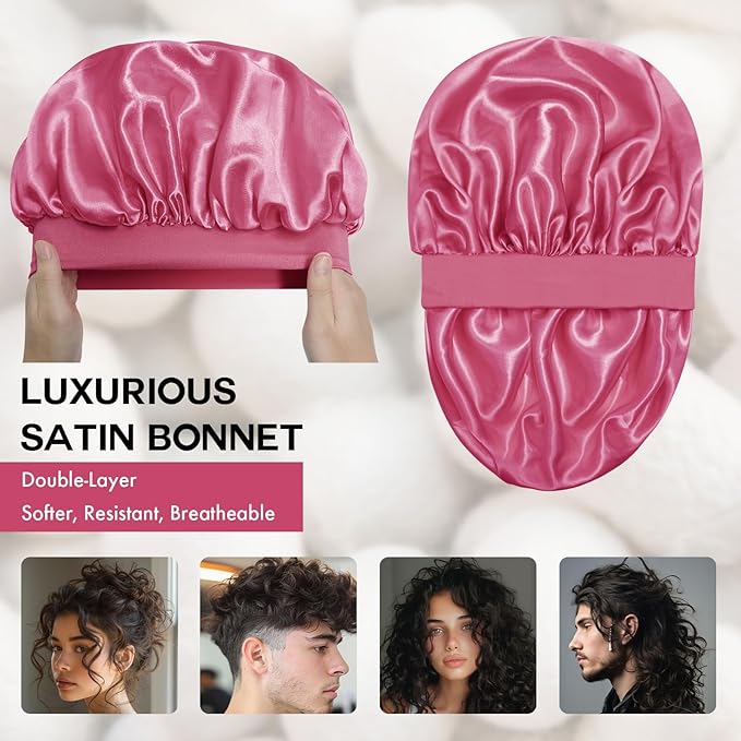 Satin Silk Bonnet for Sleeping, Double Layer Silk Sleep Cap for Men & Women, Soft Satin Lined Bonnet for Natural & Curly Hair(Hot Pink)