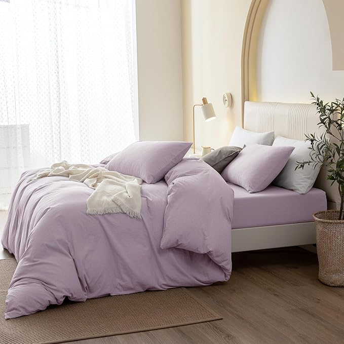 JIYUAN 100% Washed Cotton Duvet Cover Set 3 Pieces King, 1 Duvet Cover 104x90 Inches(Comforter Not Included) and 2 Pillowcases,Linen Like Comfy and Breathable,Heathered Light Purple