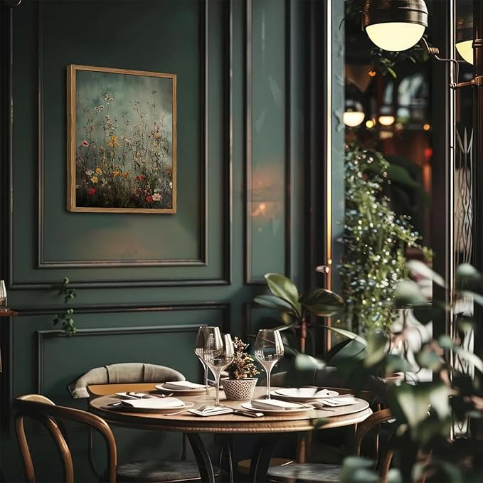 Vintage Wildflower Wall Art, Green Flower Wall Decor Painting, Hand Drawn Sandstone 3D Textured Farmhouse Botanical Nature Landscape Artwork for Living Room Bedroom 16x24 inch Wood Framed