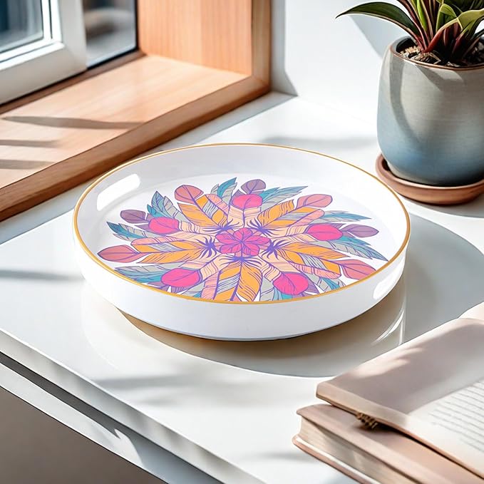 Round Coffee Table Tray Ottoman Tray,Round Plastic Serving Trays with Handles,Modern Decorative Tray for Ottoman Coffee Table,Plastic Ottoman Tray for Living Room, Large, White