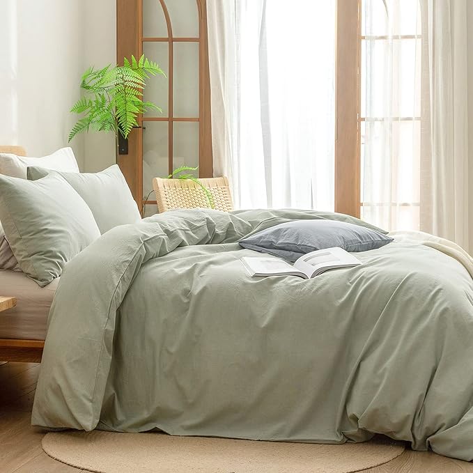 BESTOUCH Duvet Cover Set 100% Washed Cotton Linen Feel Super Soft Comfortable Chic Lightweight 3 PCs Home Bedding Set Solid Sage Green Oversized Queen