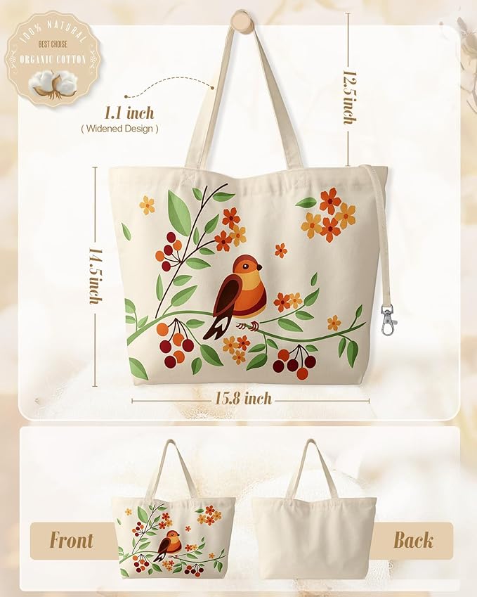 Large Tote Bag for Women - Aesthetic Cute Big Canvas Bags with Zipper Cotton Shoulder Bag for Gym, Travel, Work