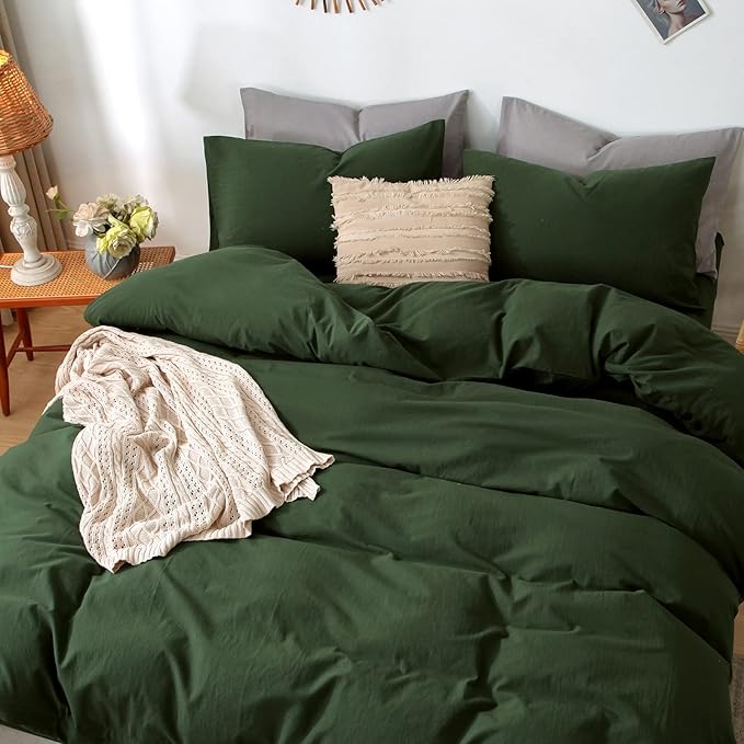 MooMee Bedding Duvet Cover Set 100% Washed Cotton Linen Like Textured Breathable Durable Soft Comfy (Solid Forest Green, Oversized Queen 98"x98")