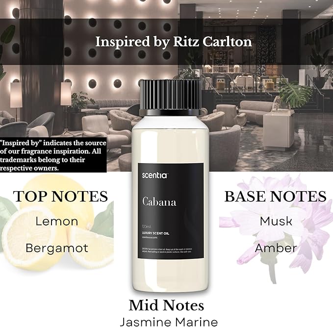 Hotel Diffuser Oil Inspired by The Ritz Carlton Hotel Scent - 50 mL 1.69 fl oz - Essential Oil Blend Botanical Jasmine, Bergamot & Fresh Marine Notes for Aromatherapy Diffusers - Cabana