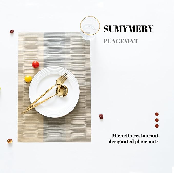 Placemats Set of 8 Vinyl/Plastic Woven Place Mats for Kitchen Table Indoor/Outdoor Washable Placemat Wipeable Dining Table Mats (Ombre Glod,8)
