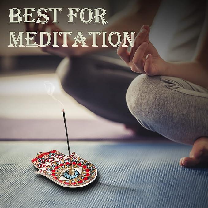 Ceramic Hamsa Hand Incense Holder - 2 in 1 Brass Incense Holder for Sticks and Coil Incense- Zen Decor with Hand of Fatima Design Protection from Evil - 6.2" L X 4.5" W (red)