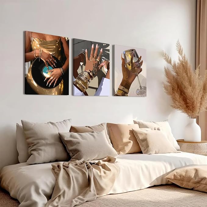 Black Girl wall Art Set of 3, African American Woman Wall Decor Fashion Gold People Music Poster Canvas Prints Paintings Pictures for Bedroom Living Room Decoration 12x16 inch Framed