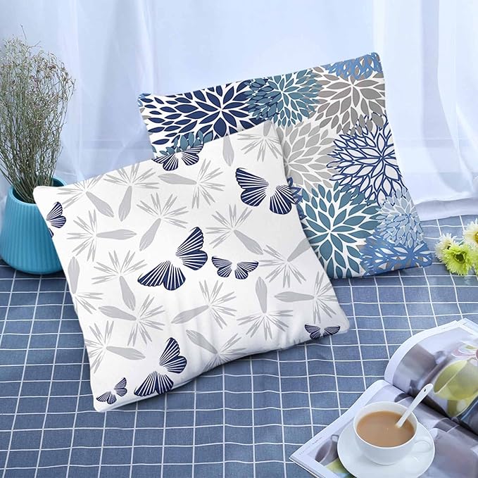COMMINY Blue Grey Pillow Covers 16x16 Set of 6 Decorative Daisy Flower Throw Pillow Cover for Couch Modern Farmhouse Cushion Pillow Case for Living Room Patio Home Decor