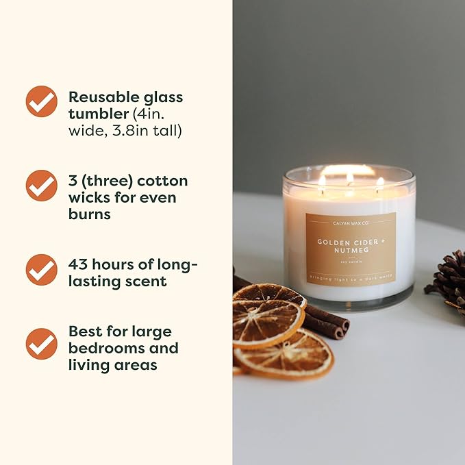 Calyan Wax Co. 3 Wick Candle, Golden Cider + Nutmeg Scented Candle, 43 Hour Burn Time, 3 Wick Soy Candles, Non Toxic & Vegan Soy Wax, Glass Jar Holiday Scented Candles, 14.9oz